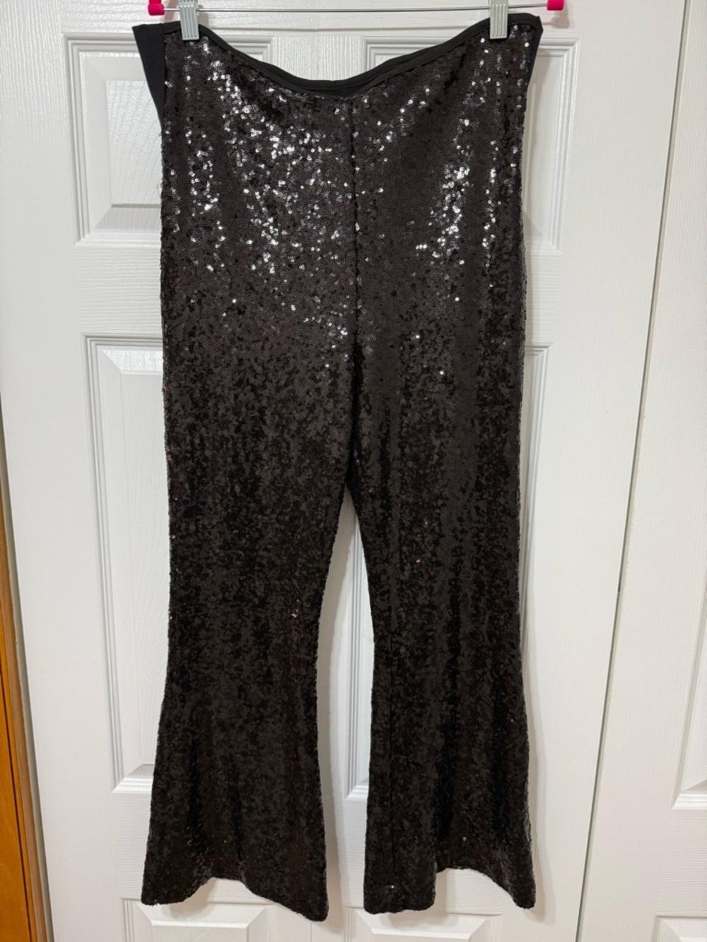 Anthropologie Black Sequin Flare Pants Women Size 12 Wide Leg Party Holiday Glam